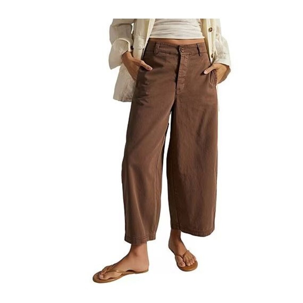Free People Wide Straight-Leg Cotton Pants in Brown